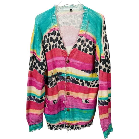 R13 Women's XS Distressed Edge Oversized Cardigan Rainbow Multi Stripe Leopard - Picture 4 of 13